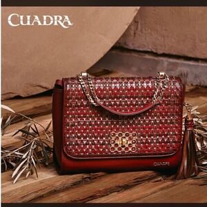 CUADRA Woven Leather Handbag Burgundy Tassel Chain Strap Gold Lock
